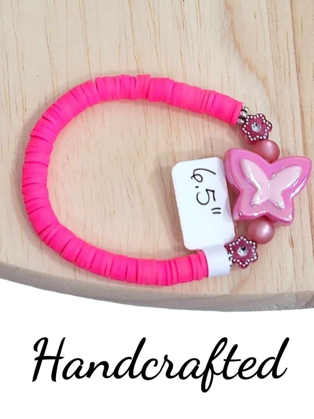 Hand Crafted Pink Butterfly Kids Bracelet Clay Stretch.Size 6.5"